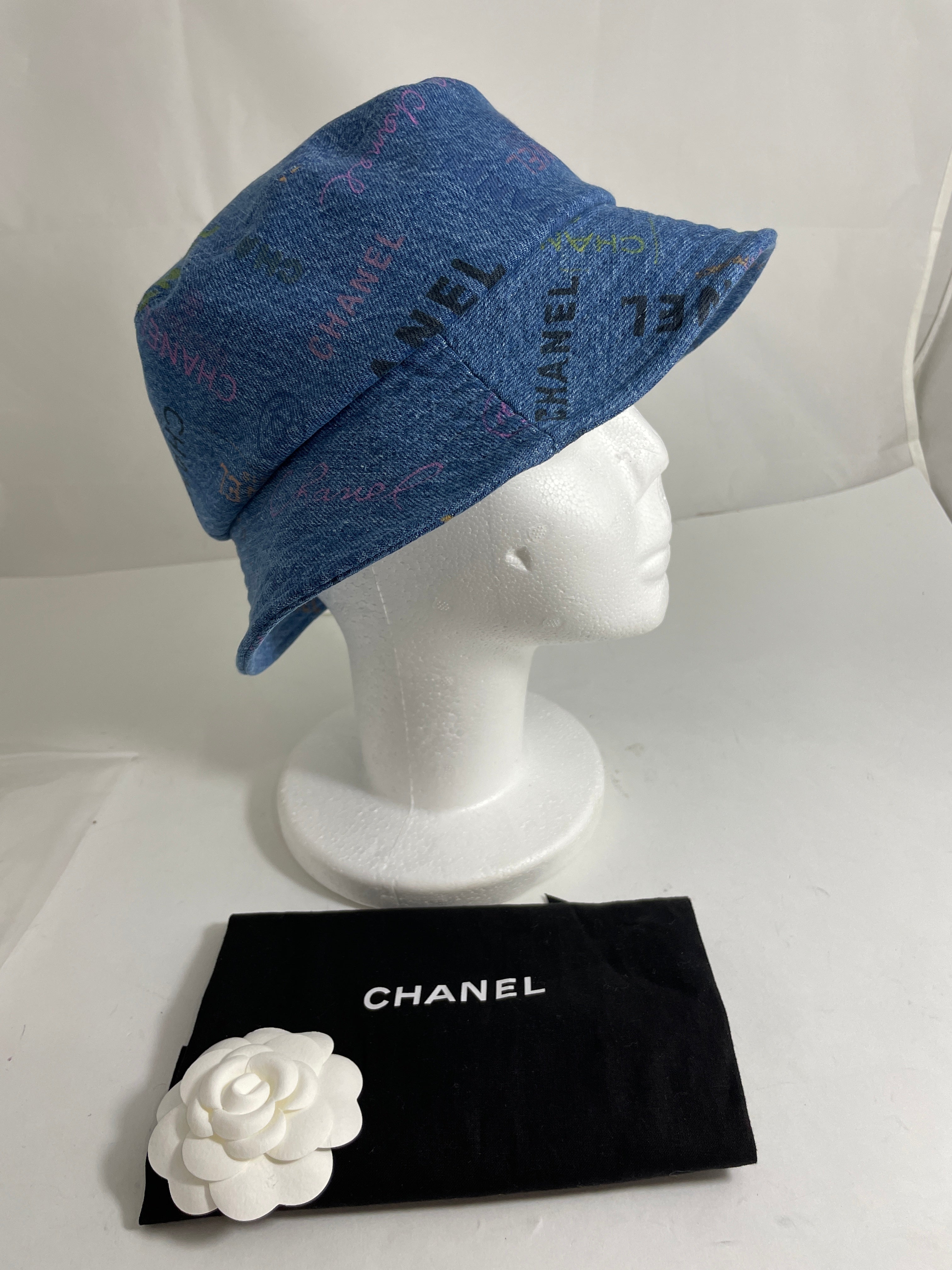 NWT 100%AUTH Chanel 22P Black Denim Chanel Scripts Cloche Bucket Hat Size M