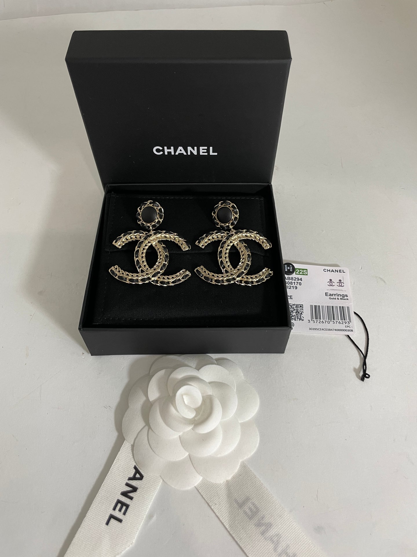 Chanel Silver interlocking CC Logo and Baguette Crystal Stud Earrings