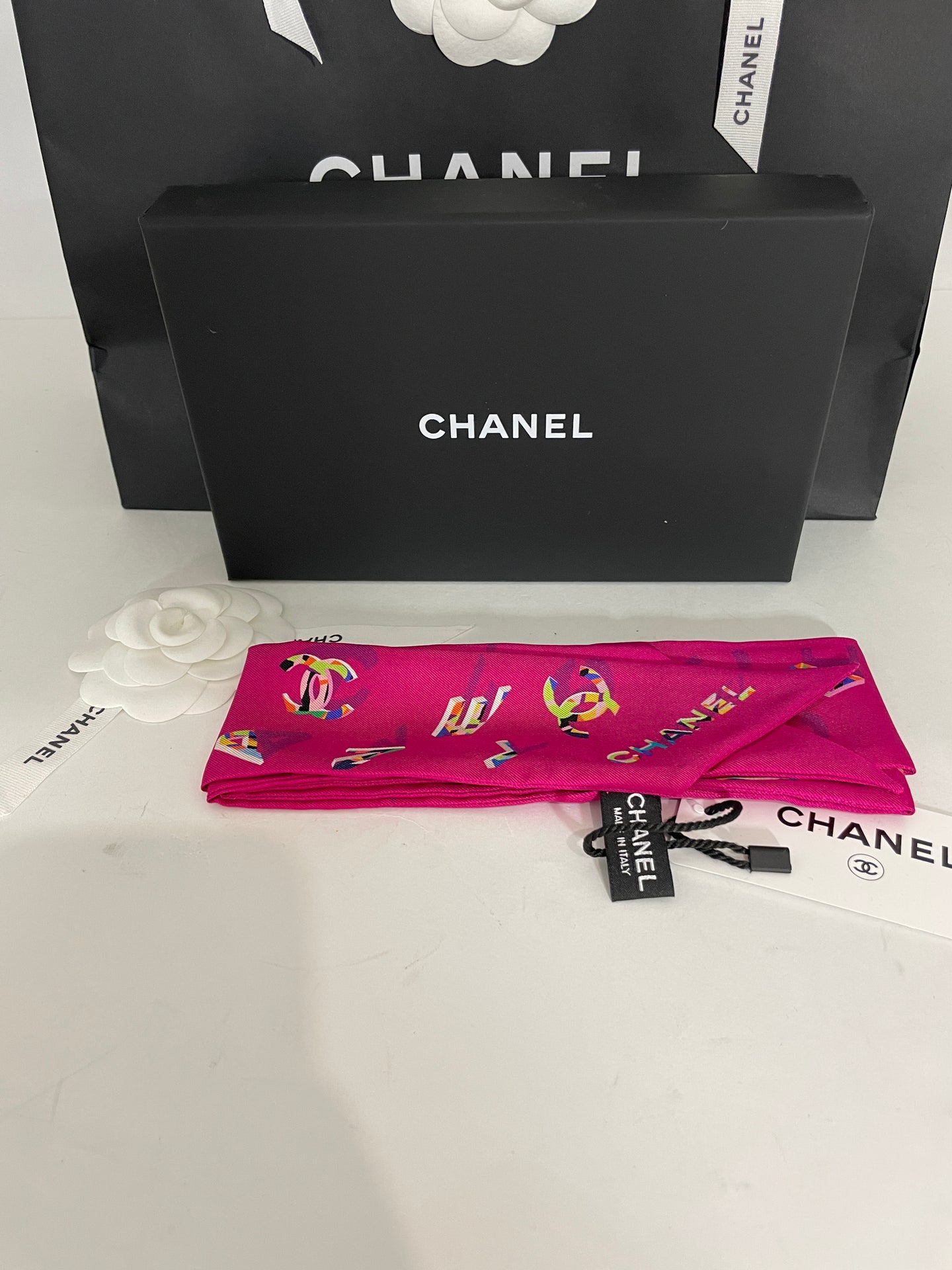 Chanel 21K Pink Multicolor Twilly Scarf