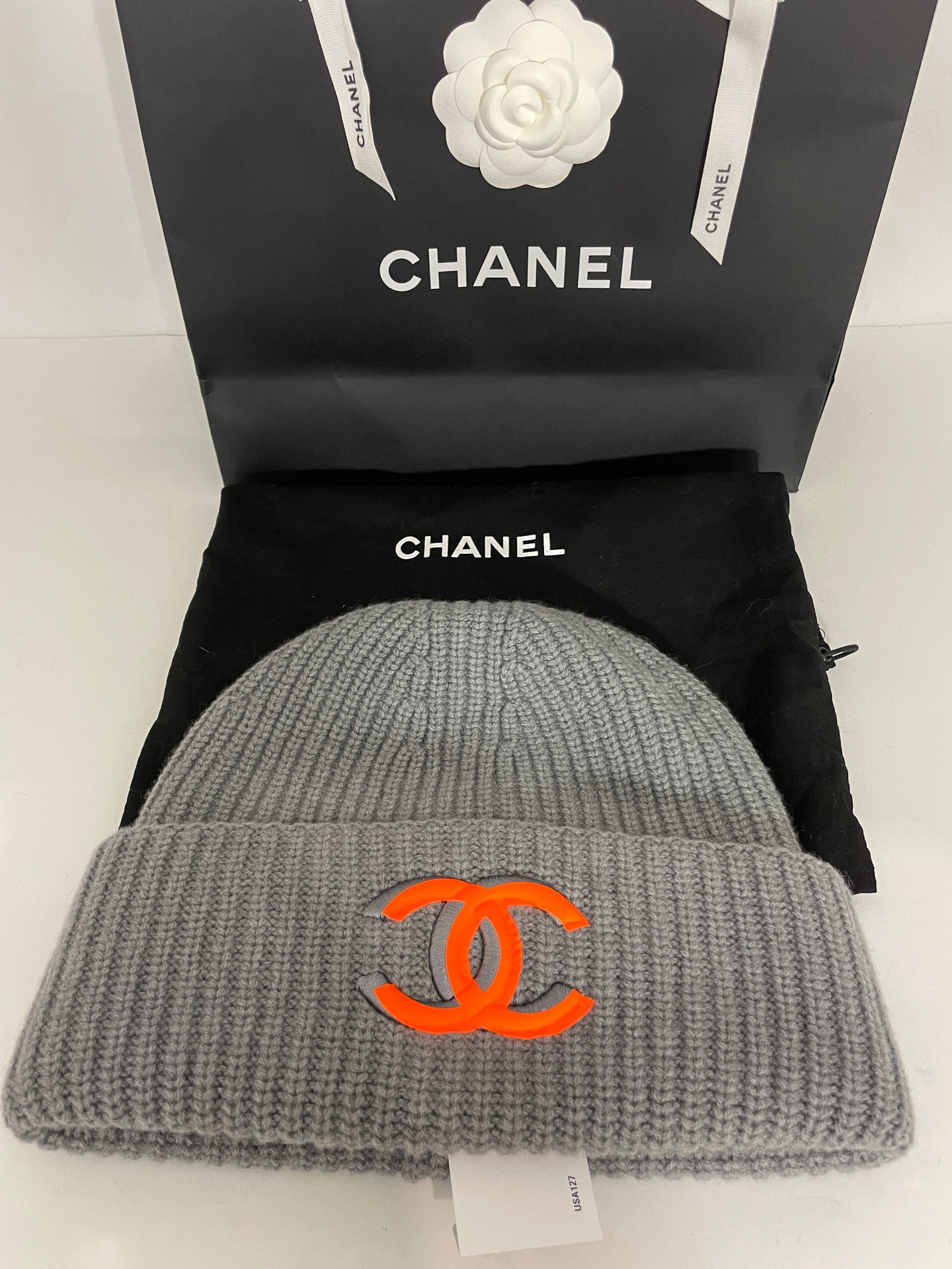 Chanel Gray Ribbed Wool Cashmere Hat With Orange CC