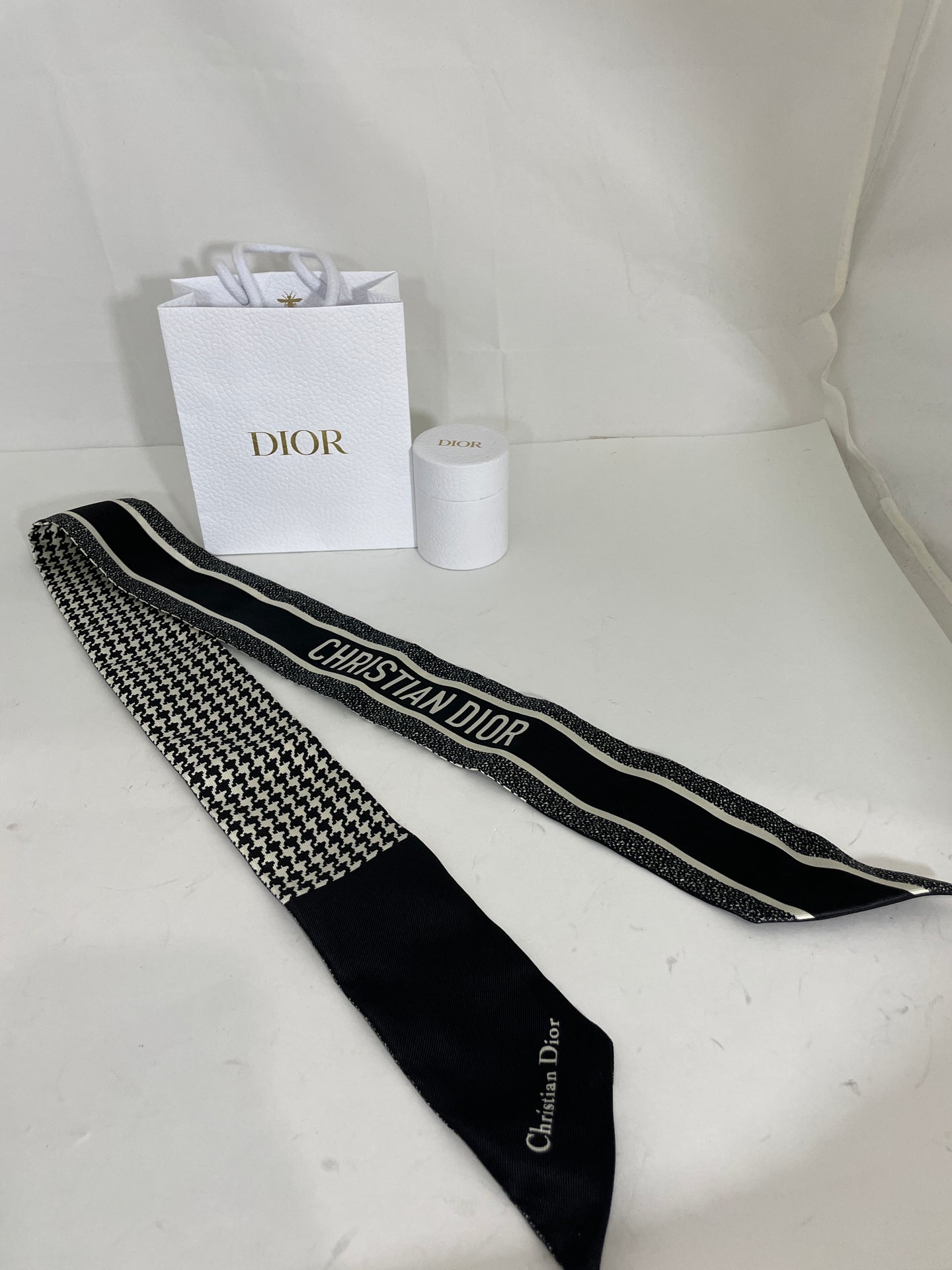 Dior Black White Houndstooth Silk Twilly