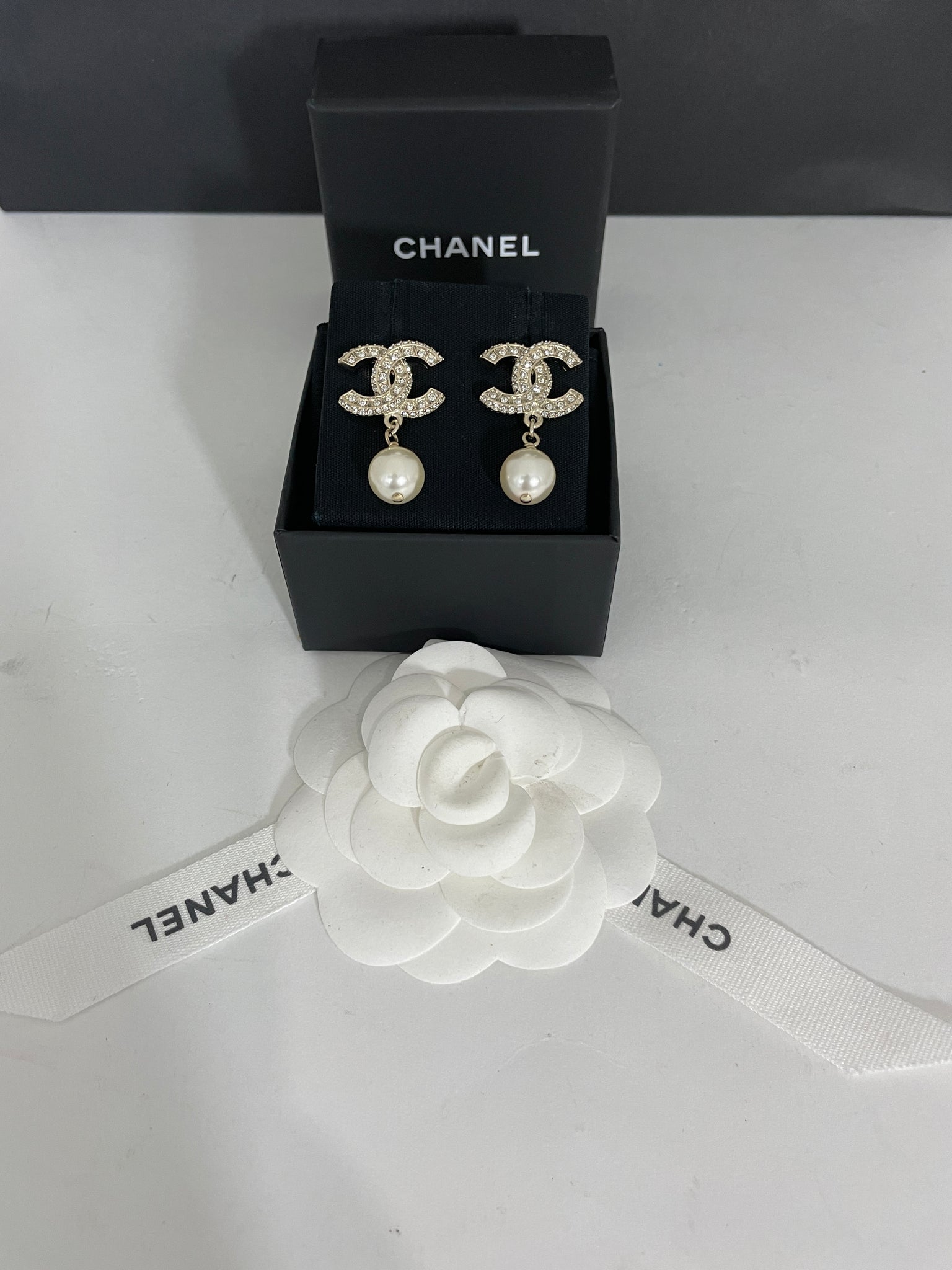 Chanel Silver Tone CC Faux Pearl Drop Earrings Chanel
