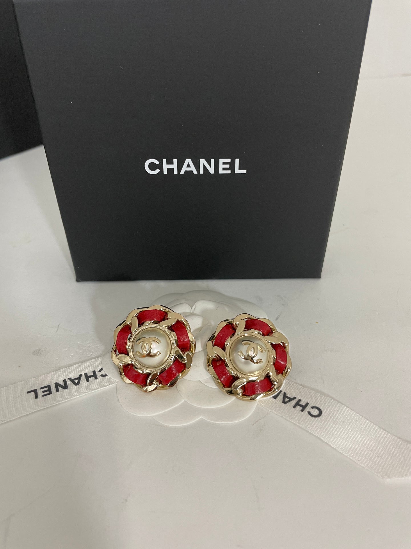 Chanel 18K Red Chain Pearl Earrings