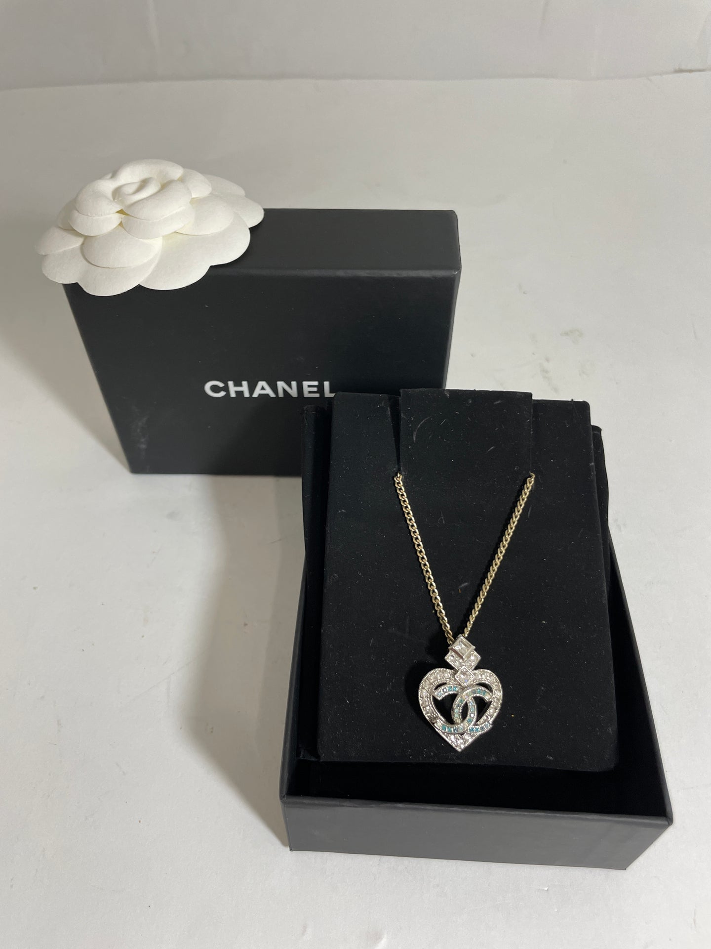 Chanel CC Clear Blue Crystals Goldtone Silvertone Heart Necklace