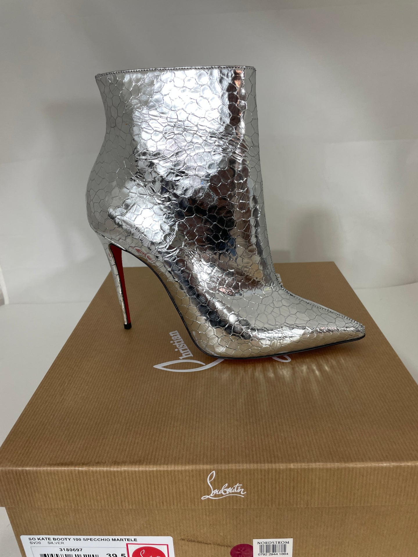 Christian Louboutin Silver Leather So Kate 100 Specchio Martele Ankle Boots