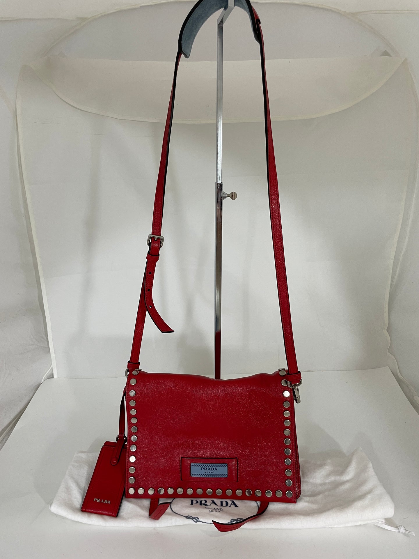 Prada Red Metallic Leather Studded Crossody Bag