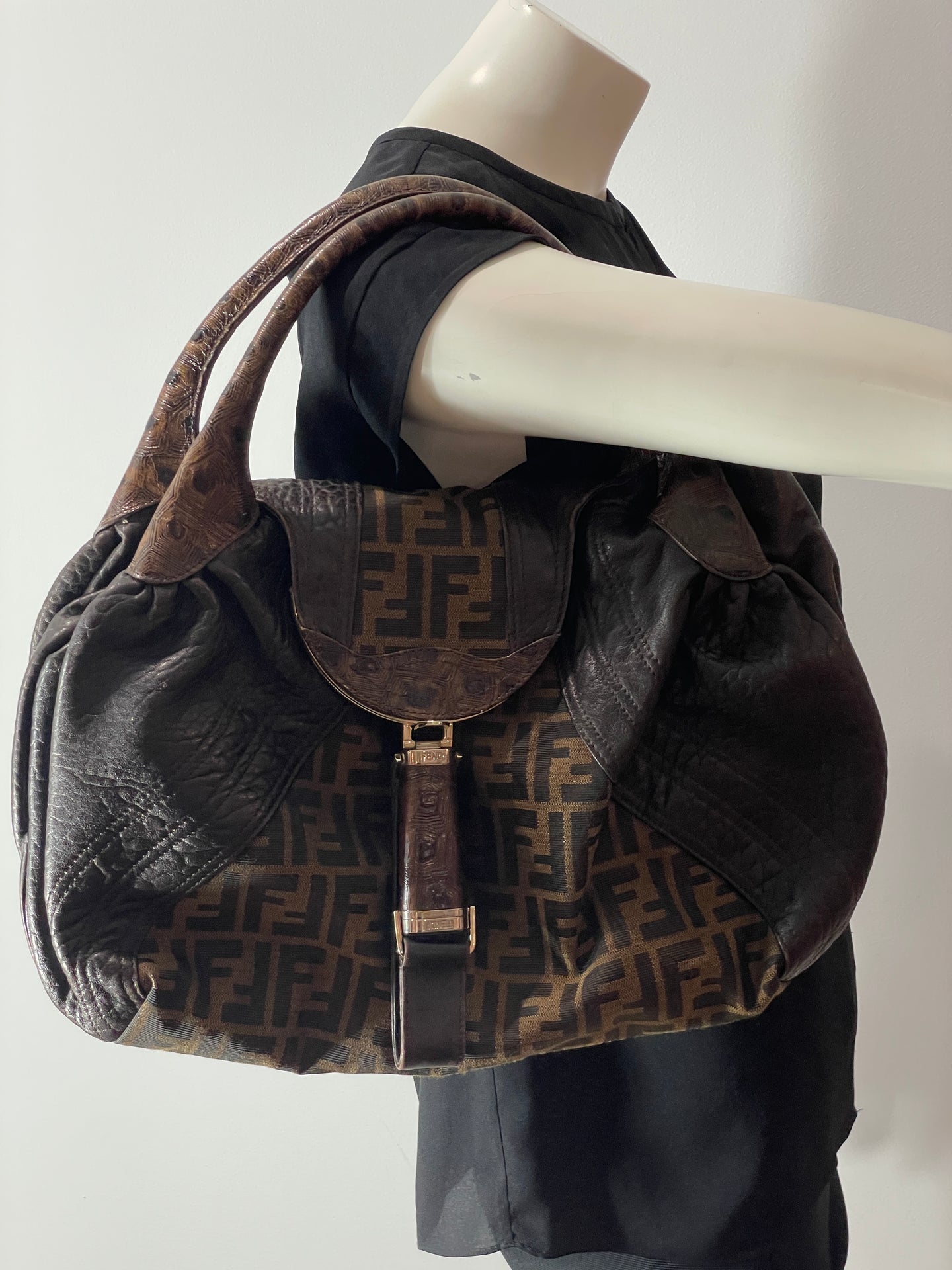 Fendi Monogram Canvas Spy Hobo Bag with Horn Flap.  Luxury, Lot #56798
