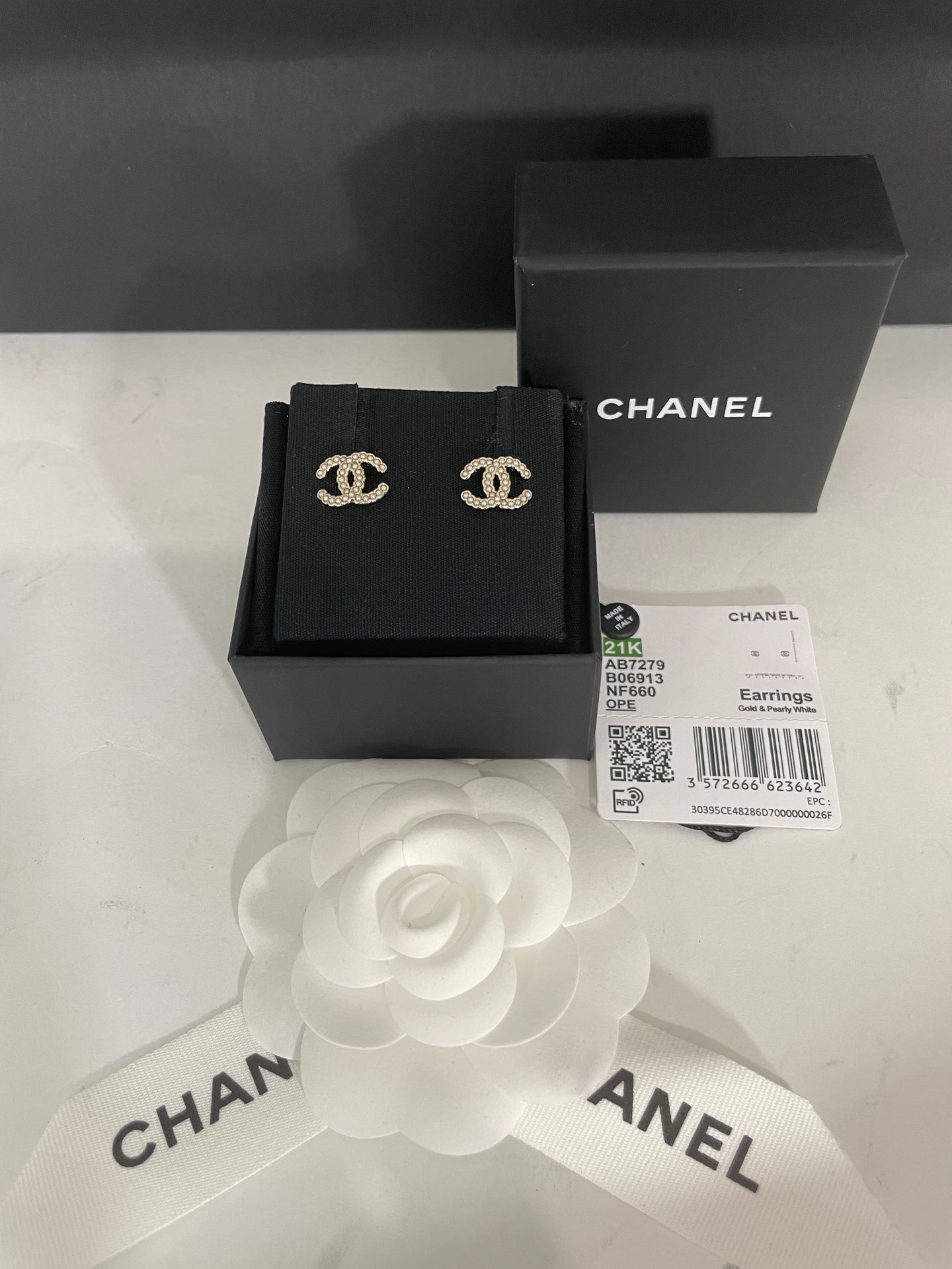 Chanel Mini CC Gold Tone Pearl Inlay Earrings