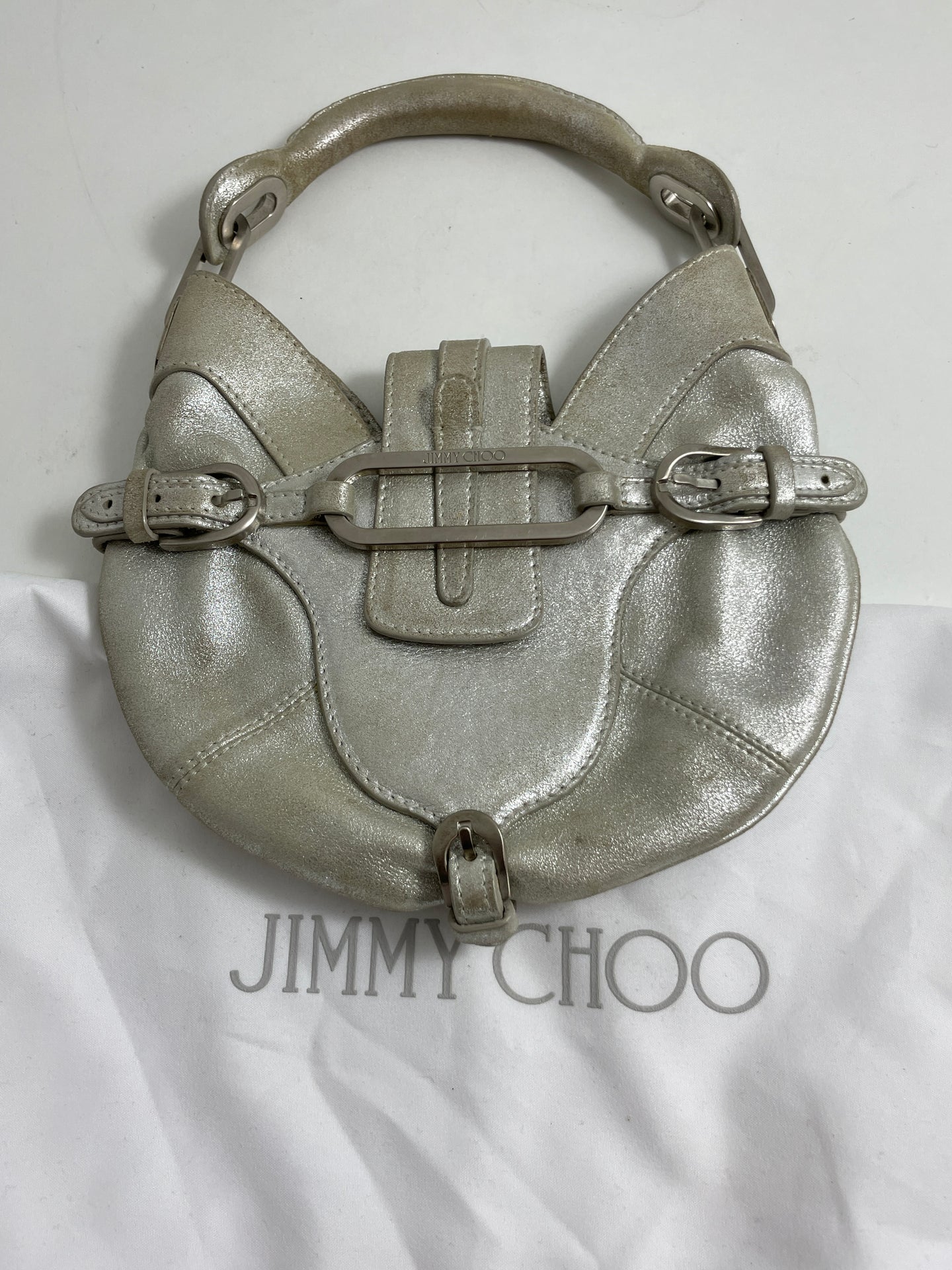 Jimmy Choo Metallic Silver Leather Mini Top Handle Bag
