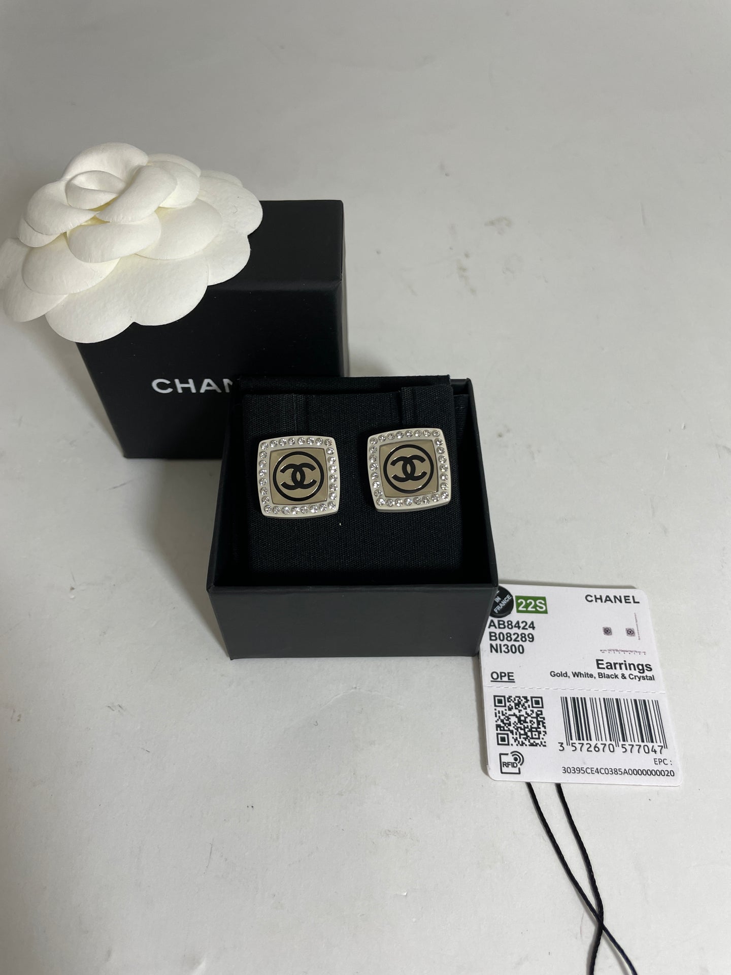 Chanel 22S Gold Square White Resin CC Earrings