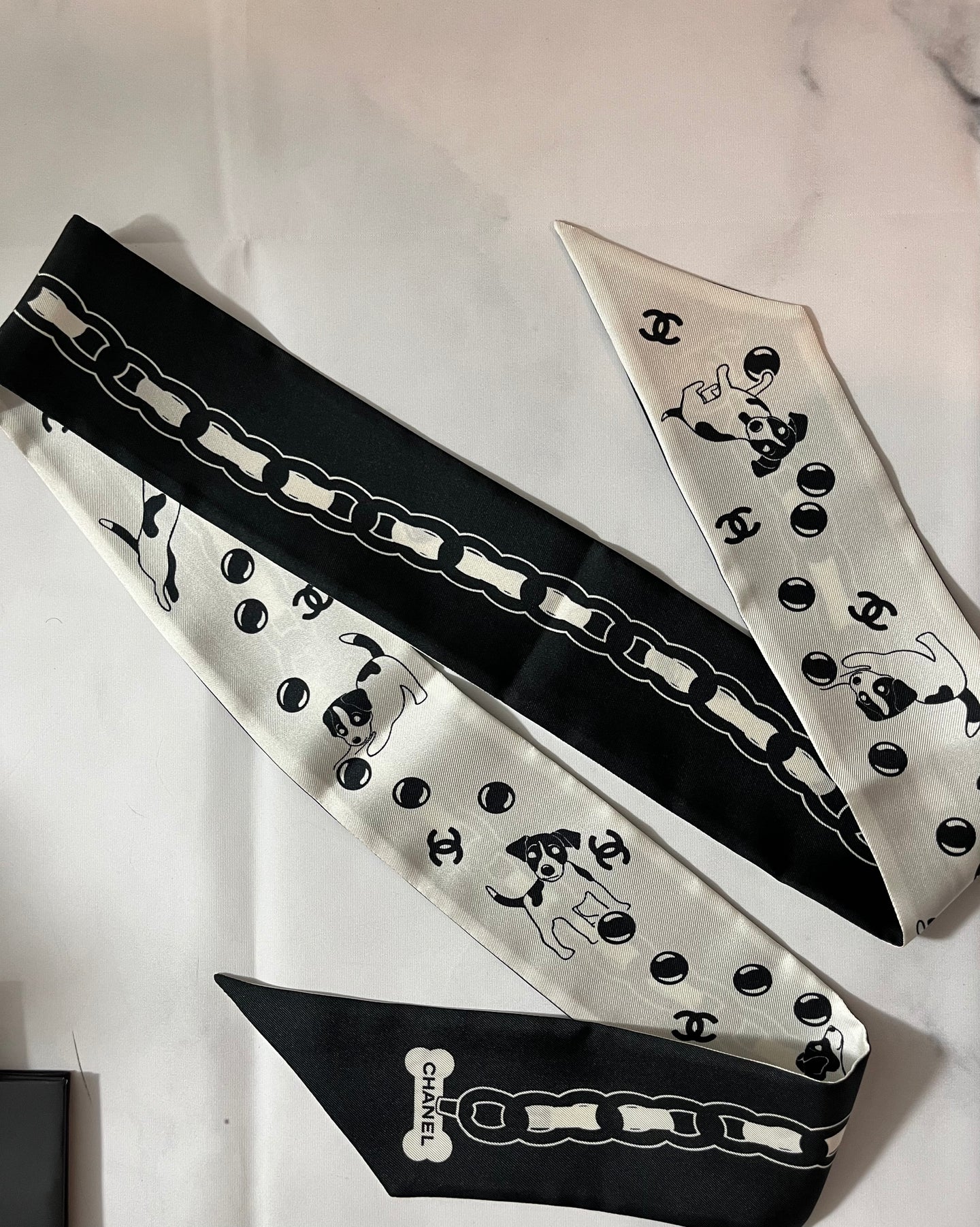 Chanel Black/White Pup Twilly Scarf