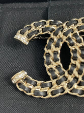 Load image into Gallery viewer, Chanel Chain Black Leather Crystal Brooch

