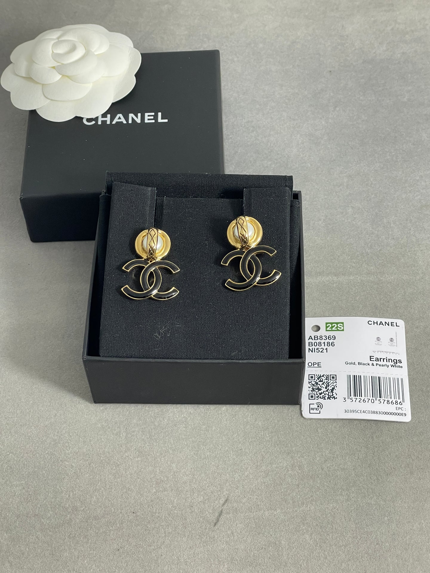 Chanel CC Gold Tone Black Enamel W/ Pearl Earrings
