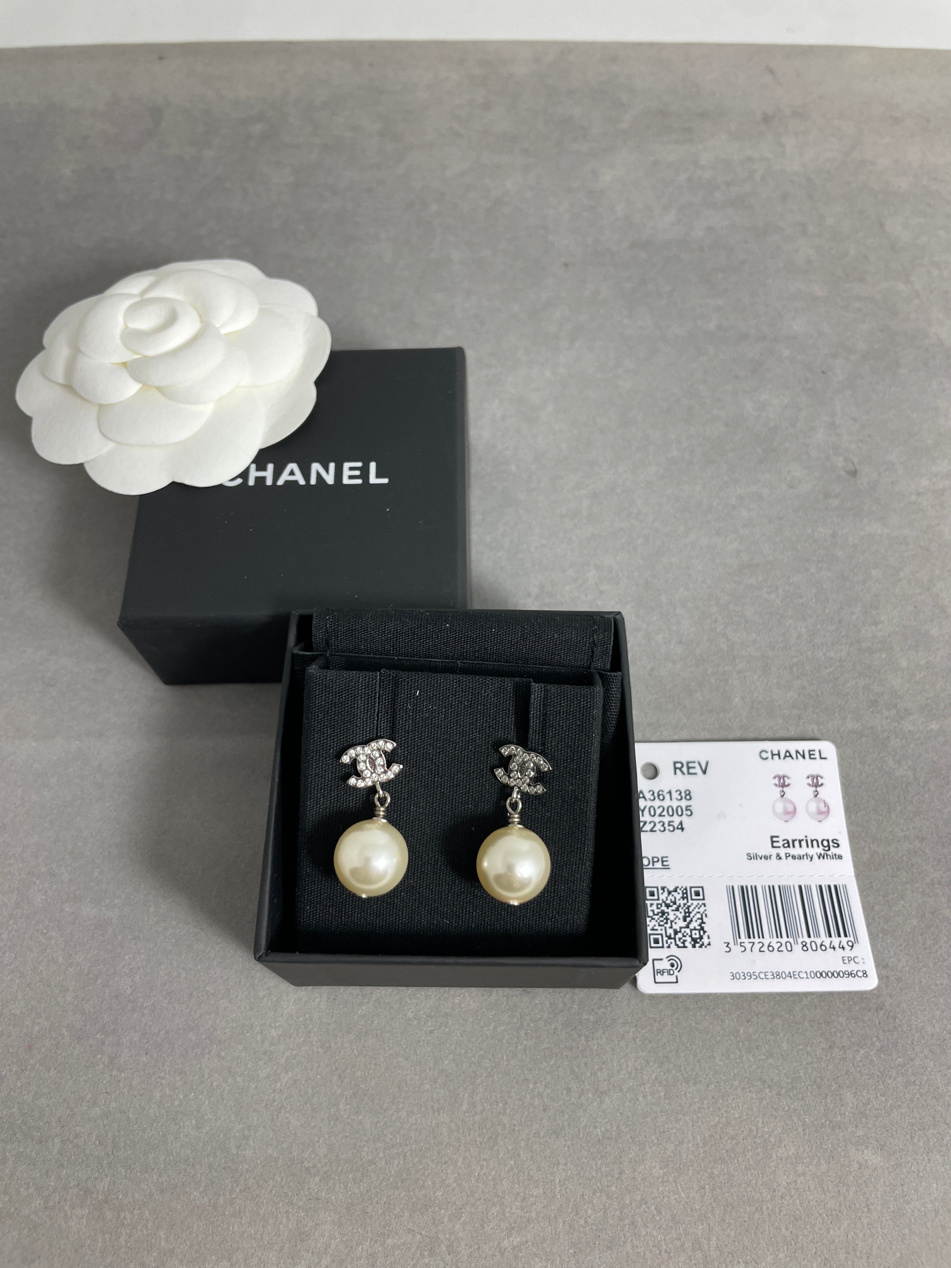 Chanel Silver CC Logo Crystal Pear Dangle Earrings 2008 - Yoogi's Closet