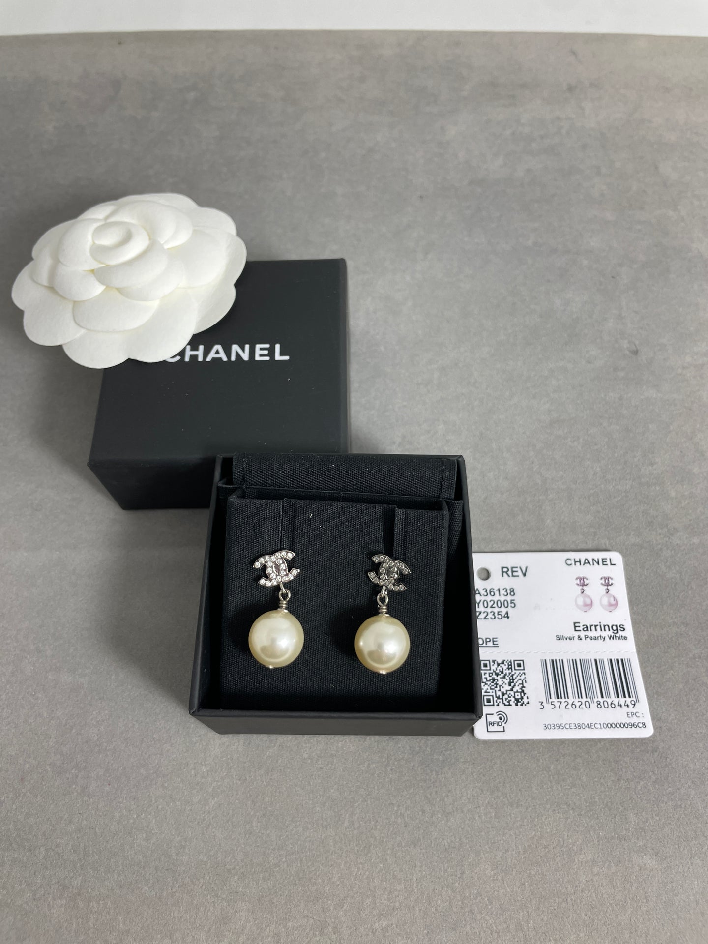 Chanel CC Drop Earrings Crystal Pearl Silver