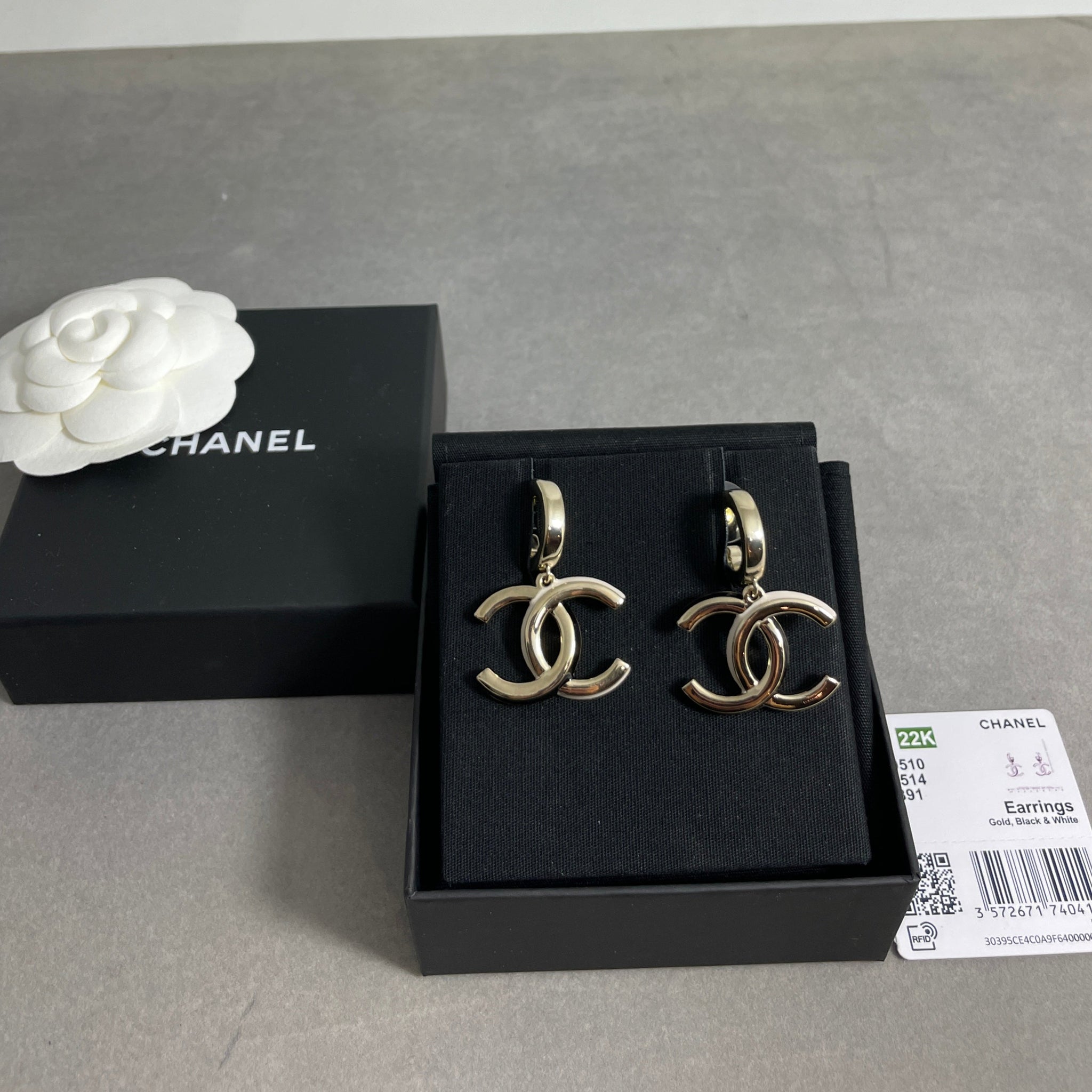 Chanel CC Gold Tone Statement Enamel White/Black Earrings – The