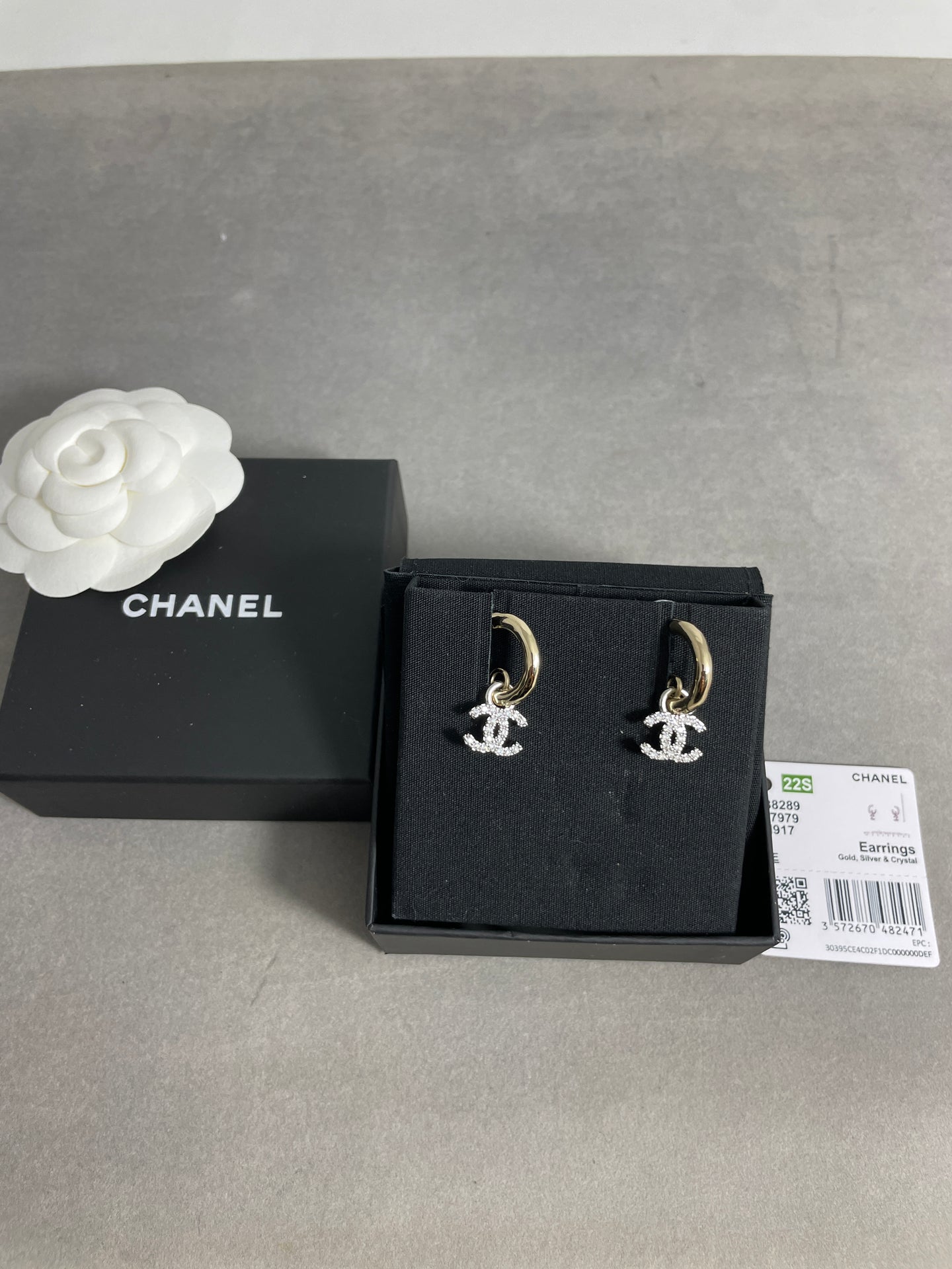 Chanel CC Gold Tone Hoop w/Crystal Hanging CC Earrings