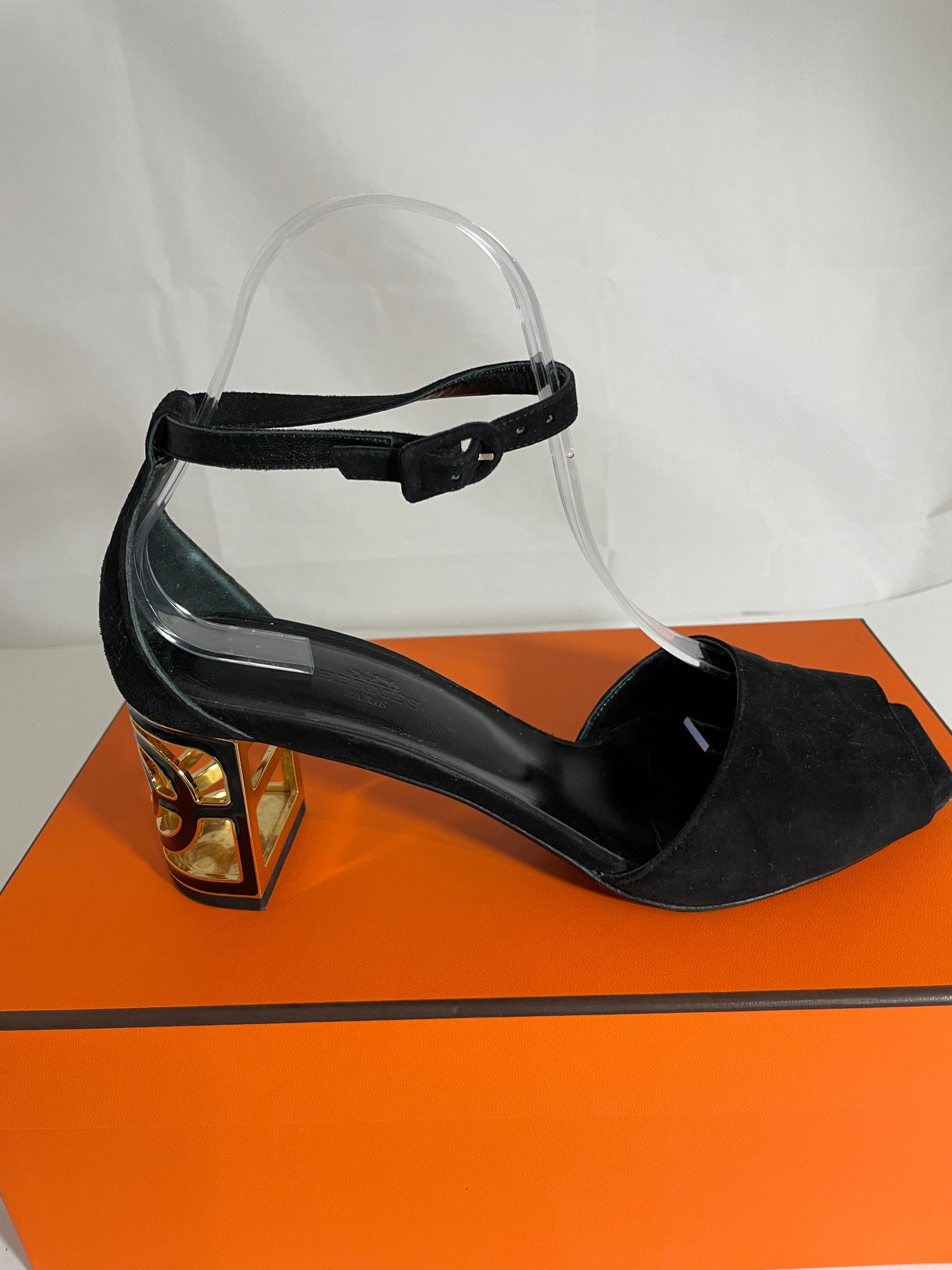 Hermes Black Suede Gold Cutout Heel Sandals