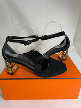 Load image into Gallery viewer, Hermes Black Suede Gold Cutout Heel Sandals
