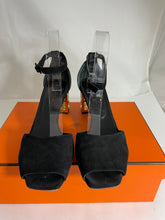 Load image into Gallery viewer, Hermes Black Suede Gold Cutout Heel Sandals

