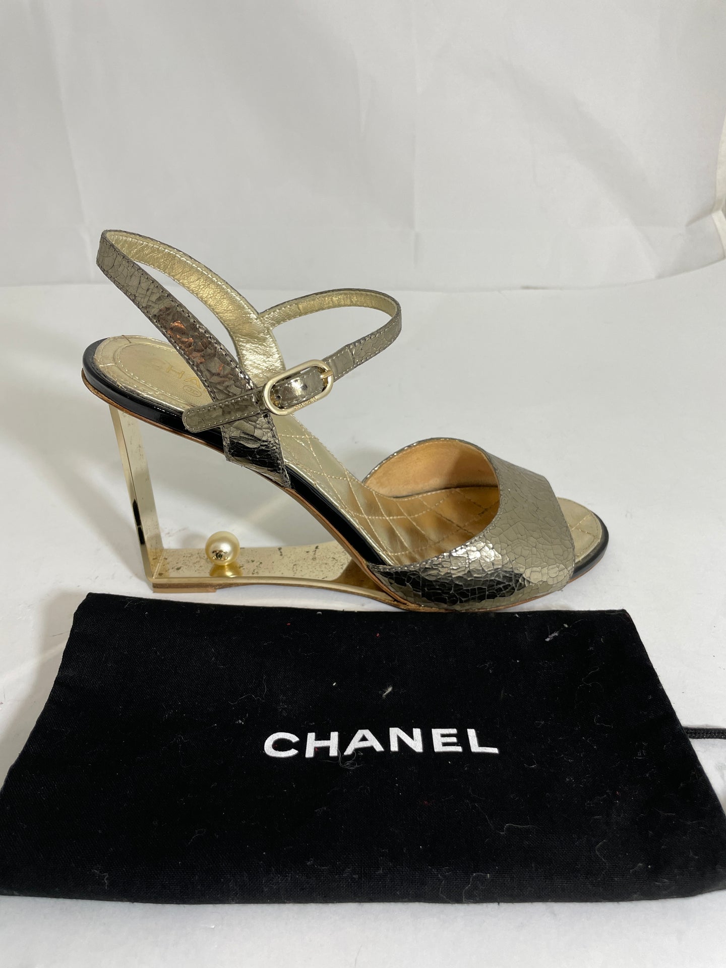 Chanel Crackled Gold Leather CC Pearl Heel Sandals