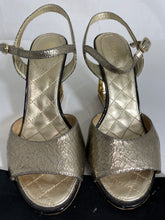 Load image into Gallery viewer, Chanel Crackled Gold Leather CC Pearl Heel Sandals
