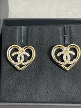 Load image into Gallery viewer, Chanel CC Gold Tone Crystal Heart Earrings
