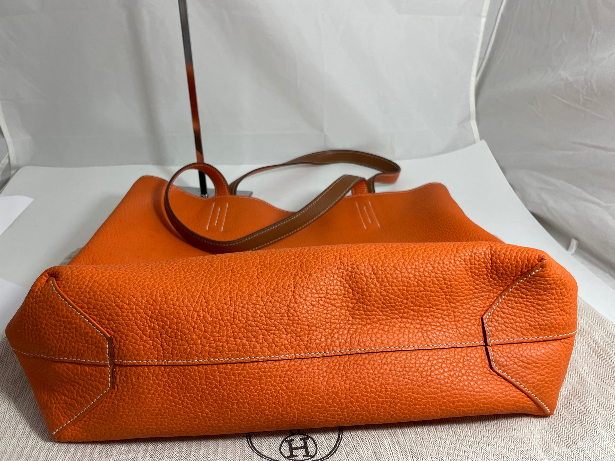 Hermes Double Sens Shoulder Tote Bag Clemence Leather Gold Brown Orange