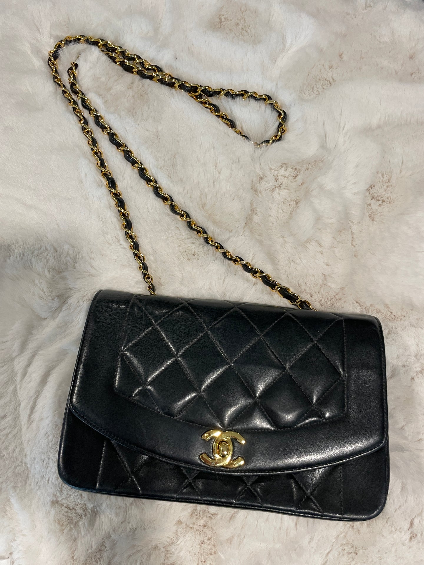 Chanel Vintage Black Lambskin Small Diana Handbag