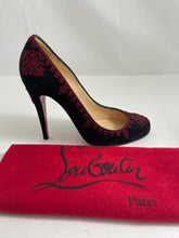 Load image into Gallery viewer, Christian Louboutin Black Suede With Burgundy Embellishment Pumps
