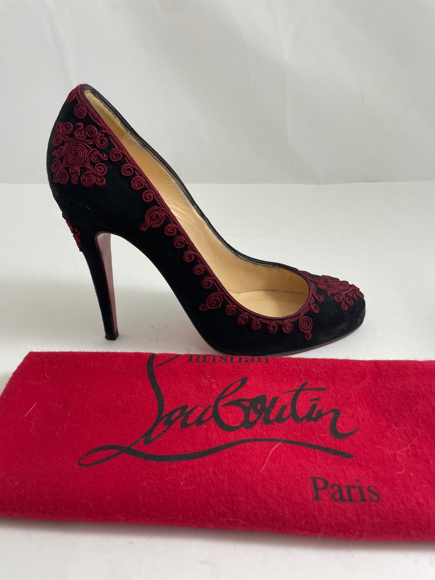 Christian Louboutin Black Suede With Burgundy Embellishment Pumps