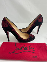 Load image into Gallery viewer, Christian Louboutin Black Suede With Burgundy Embellishment Pumps

