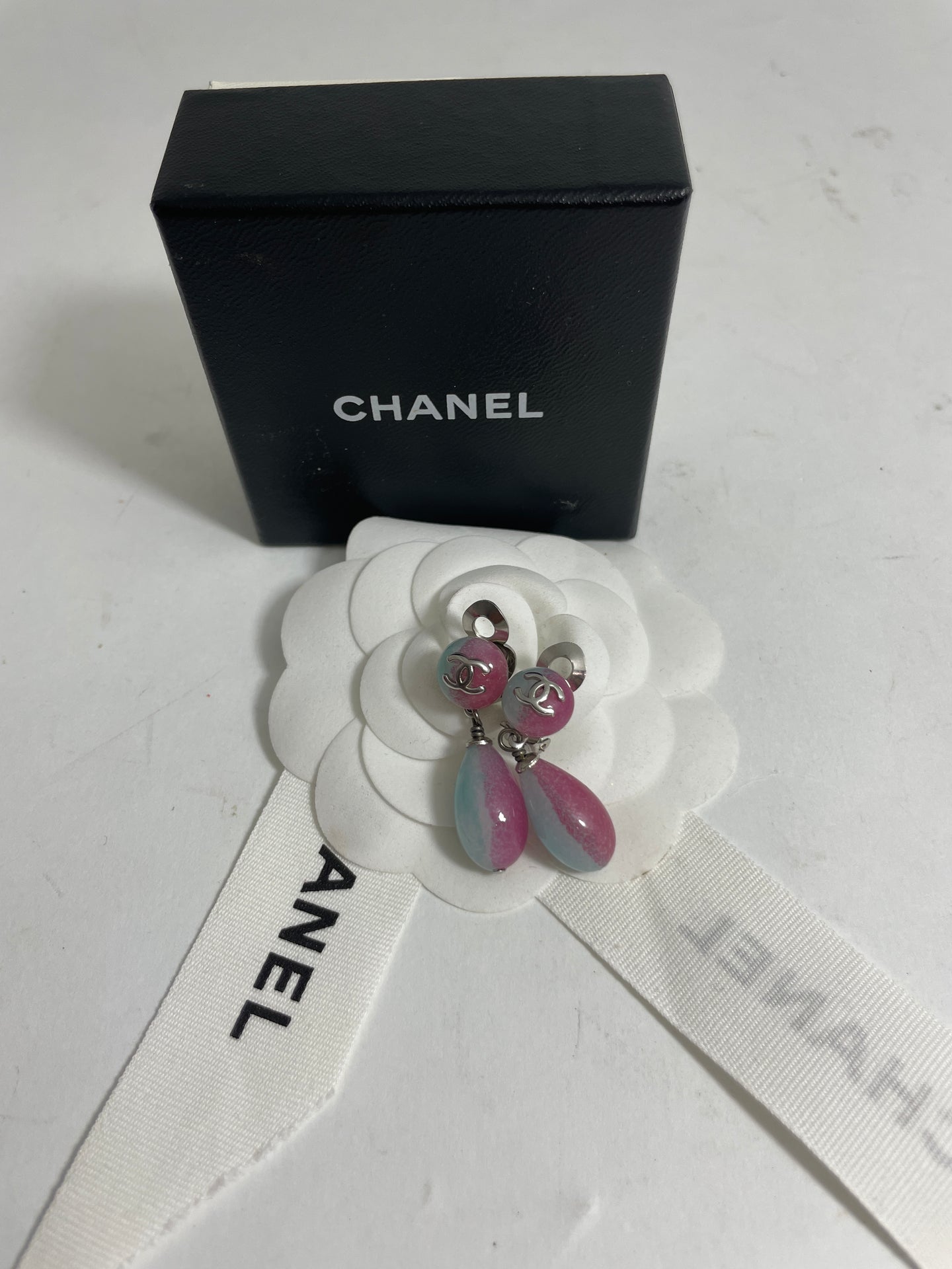 Chanel CC 1999 Resin Pink Blue Drop Earrings