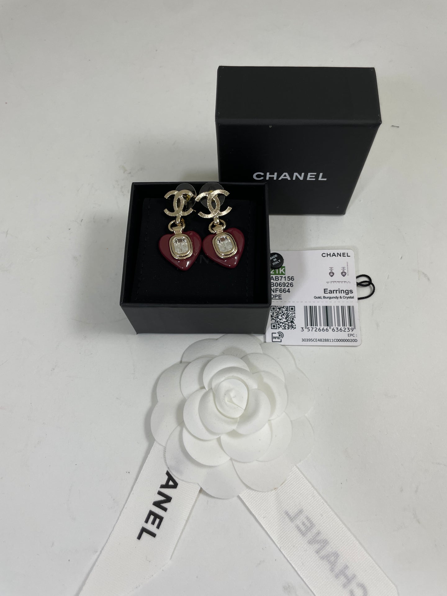 Chanel CC Burgundy Enamel Heart Earrings