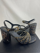 Load image into Gallery viewer, Chanel 17P Black Gold Python Chain Sandals
