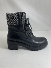 Load image into Gallery viewer, Moncler Viviane Black Leather Military Combat Boots Wool Cuff
