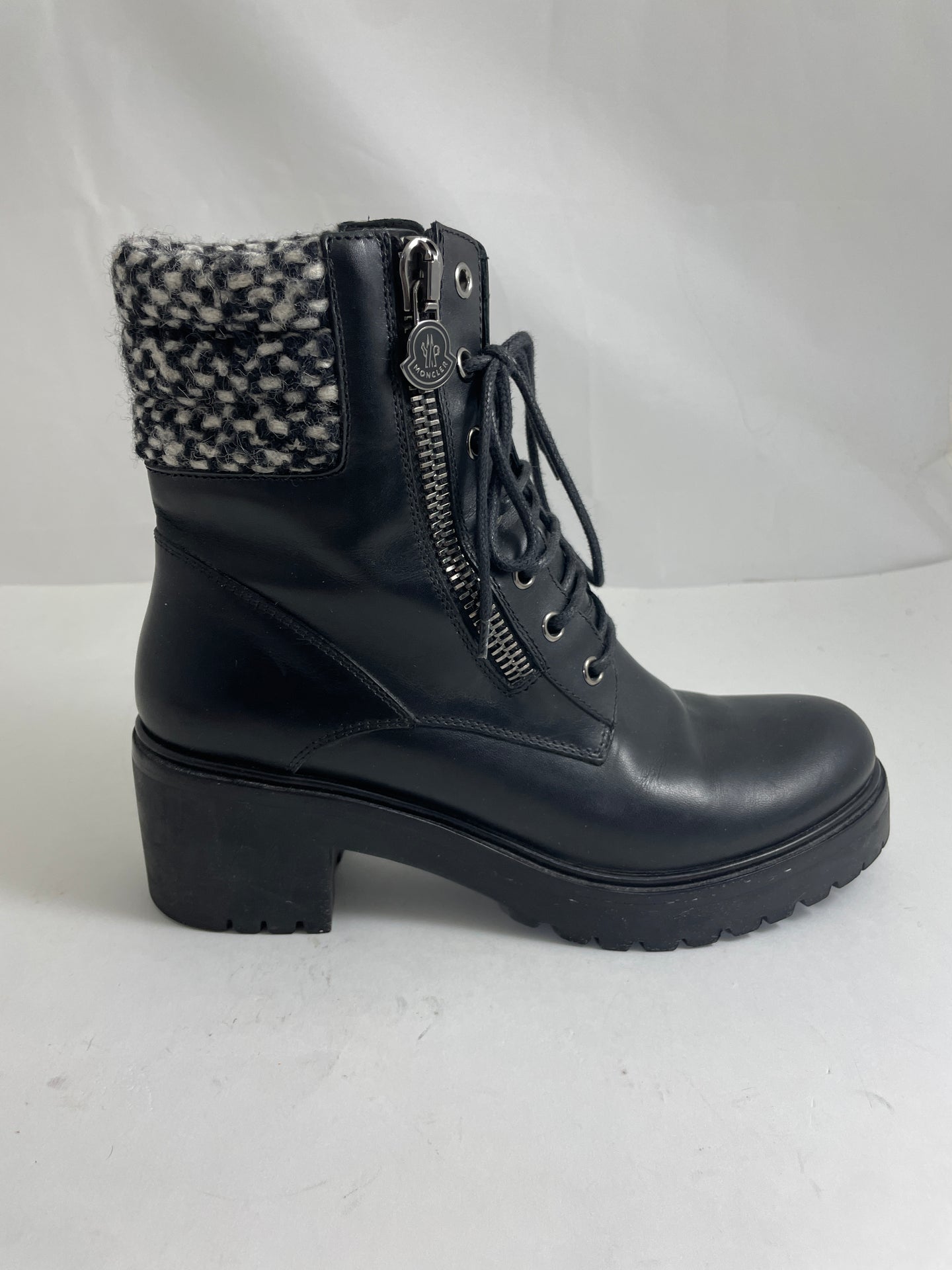 Moncler Viviane Black Leather Military Combat Boots Wool Cuff