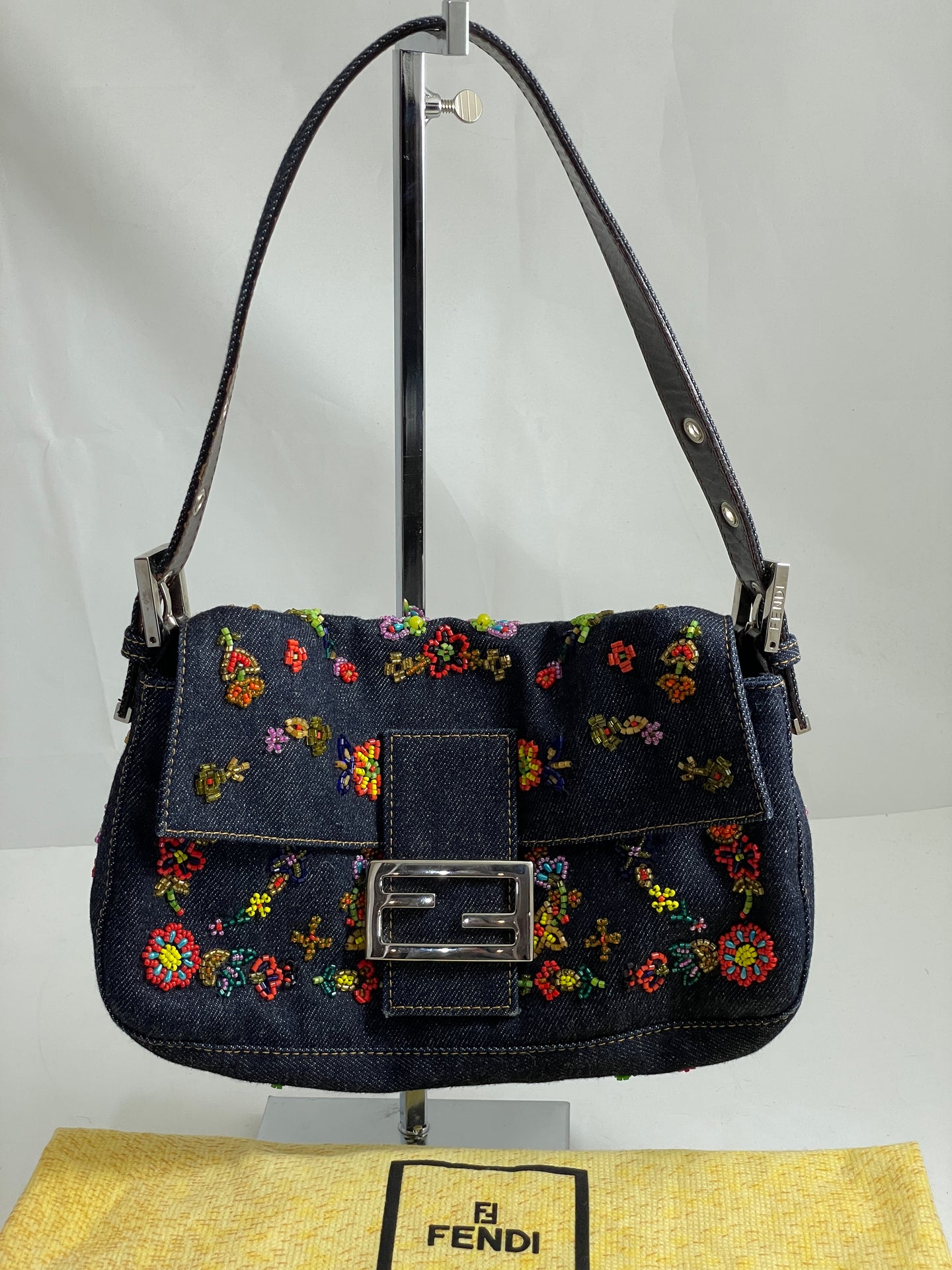 Fendi Denim Baguette Embellished Shoulder Bag