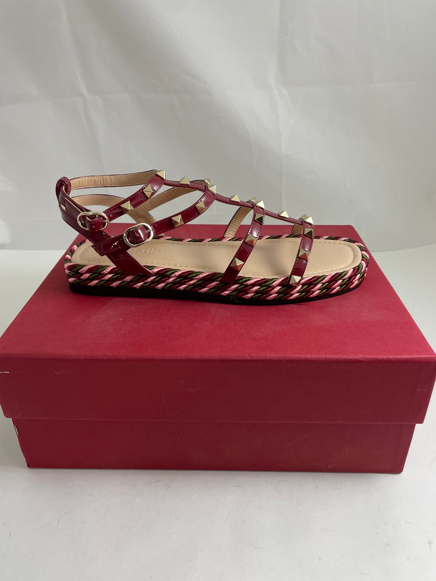 Valentino Garavani Rockstud Red Patent Leather Cage/Rope Espadrille Sandals