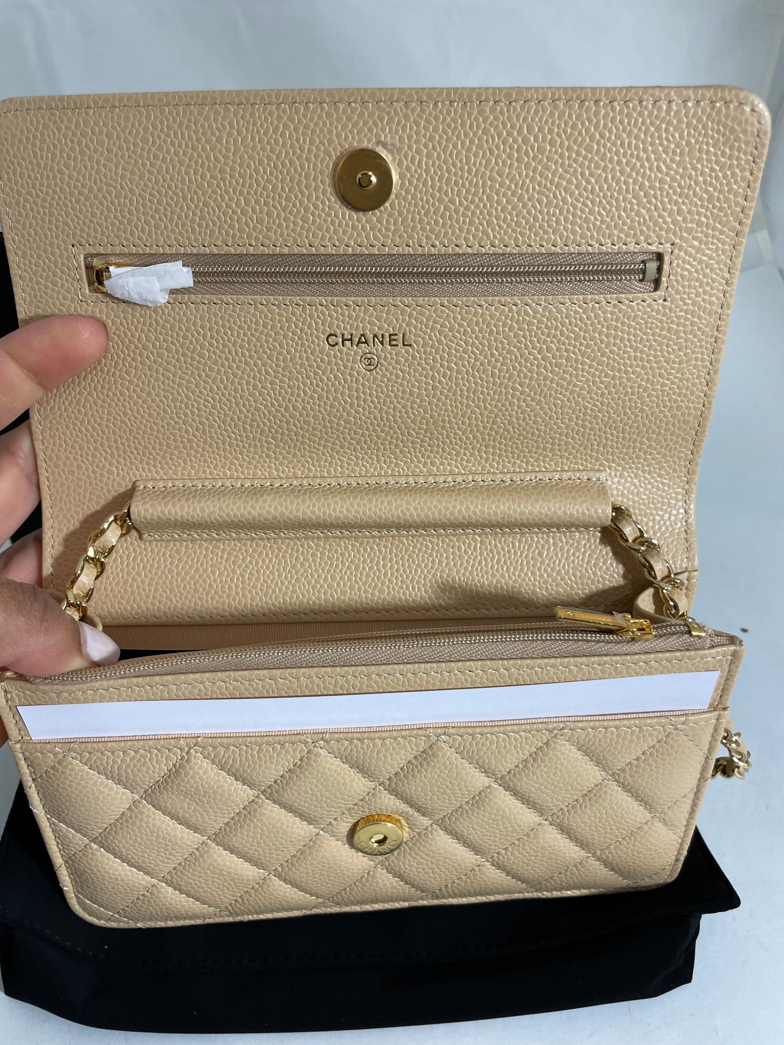 NWT 22K Chanel Classic O-Case Mini Pouch Coin Wallet Beige Caviar with Gold