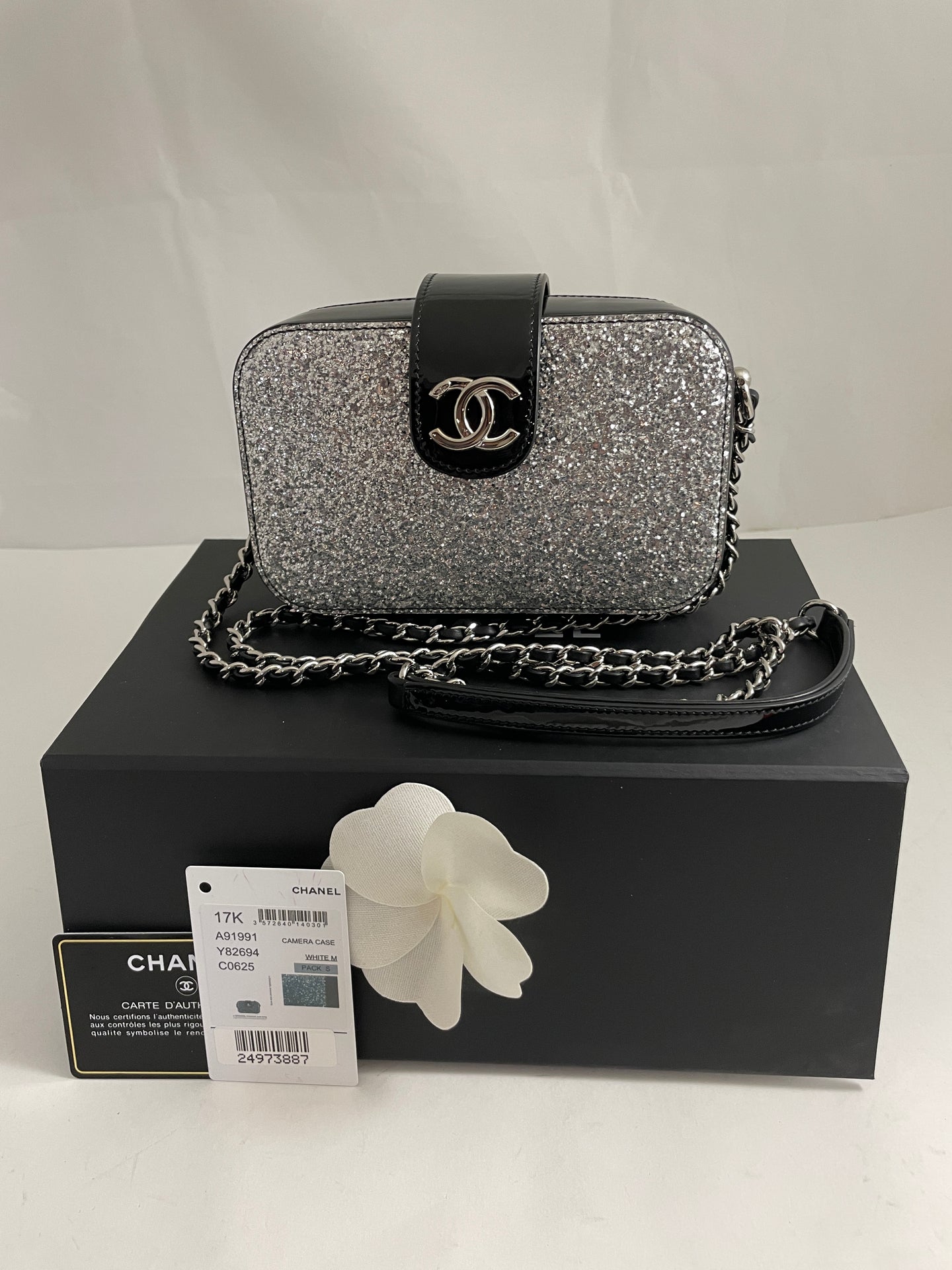 Chanel 17K Black Patent Glitter Pvc Camera Crossbody Bag