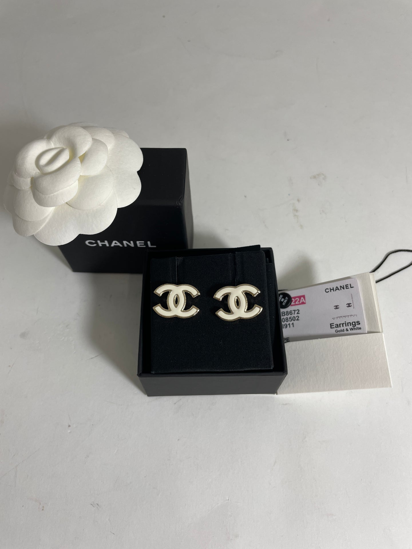 Chanel 22A CC White Enamel Gold Stud Earrings