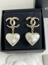 Load image into Gallery viewer, Chanel Pearl Heart Drop CC Earrings
