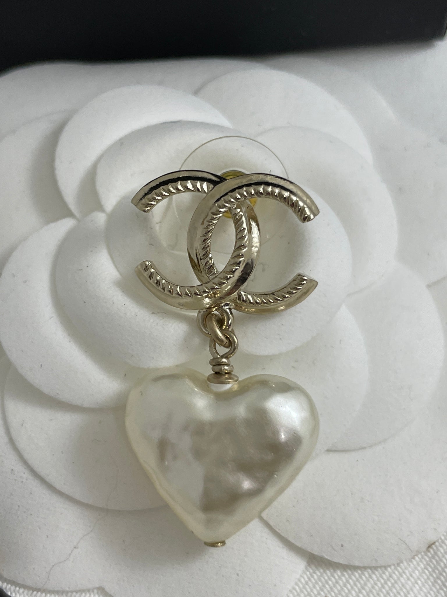 Chanel Pearl Heart Drop CC Earrings
