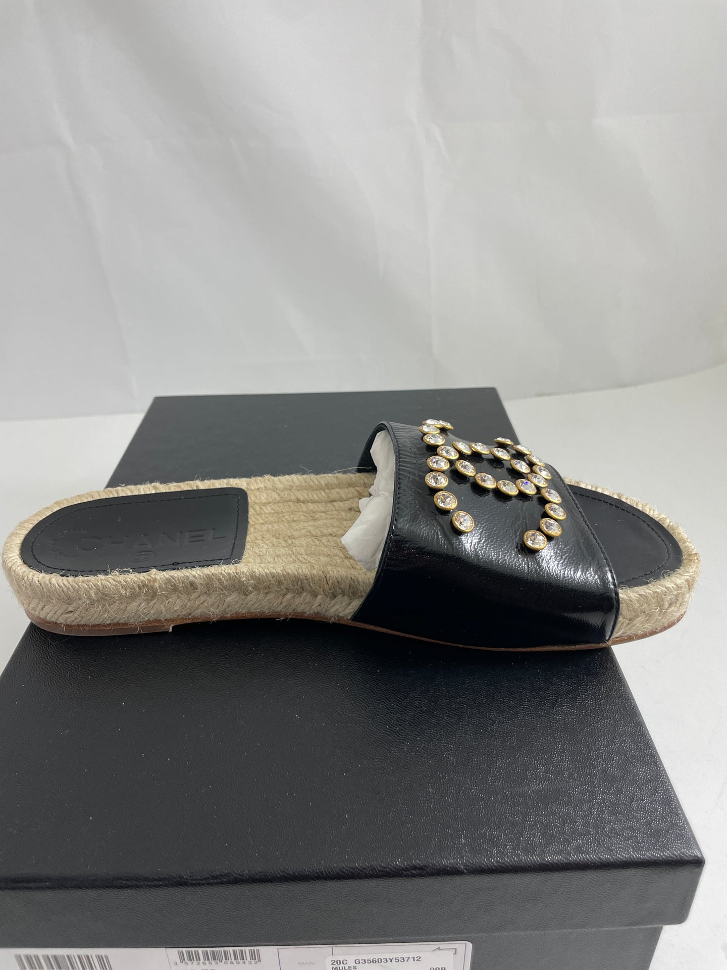 Chanel 20C Black Patent Leather Calfskin Espadrille Sandals