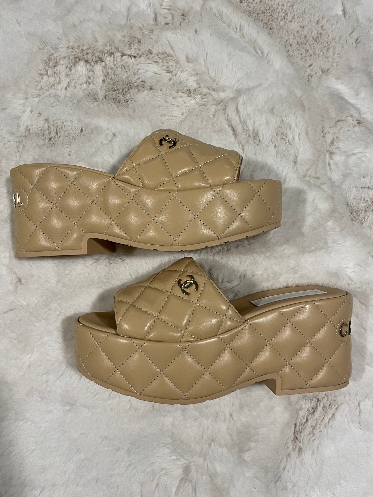 Chanel Beige Quilted Leather Mule Sandals