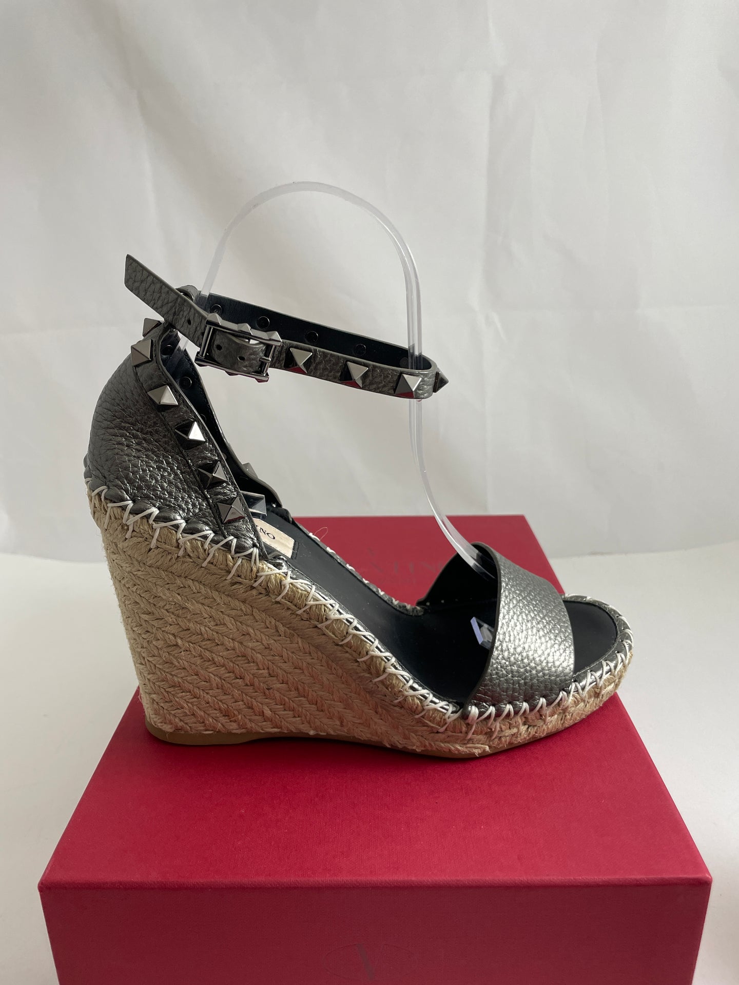 Valentino Metallic Gray Leather Rockstud Ankle Wrap Sandal Espadrilles
