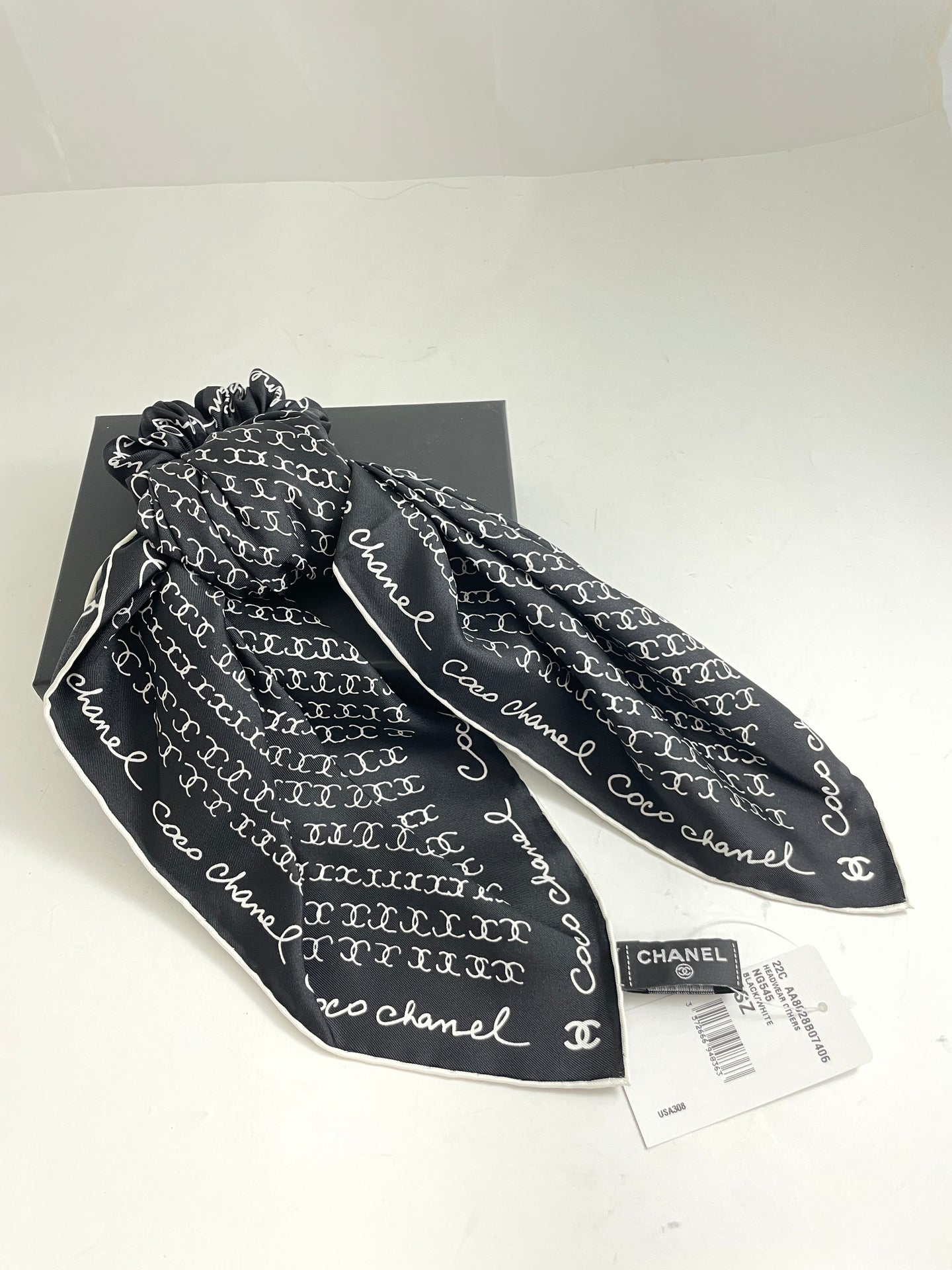 Chanel Black White Coco Chanel Silk Scarf Scrunchie
