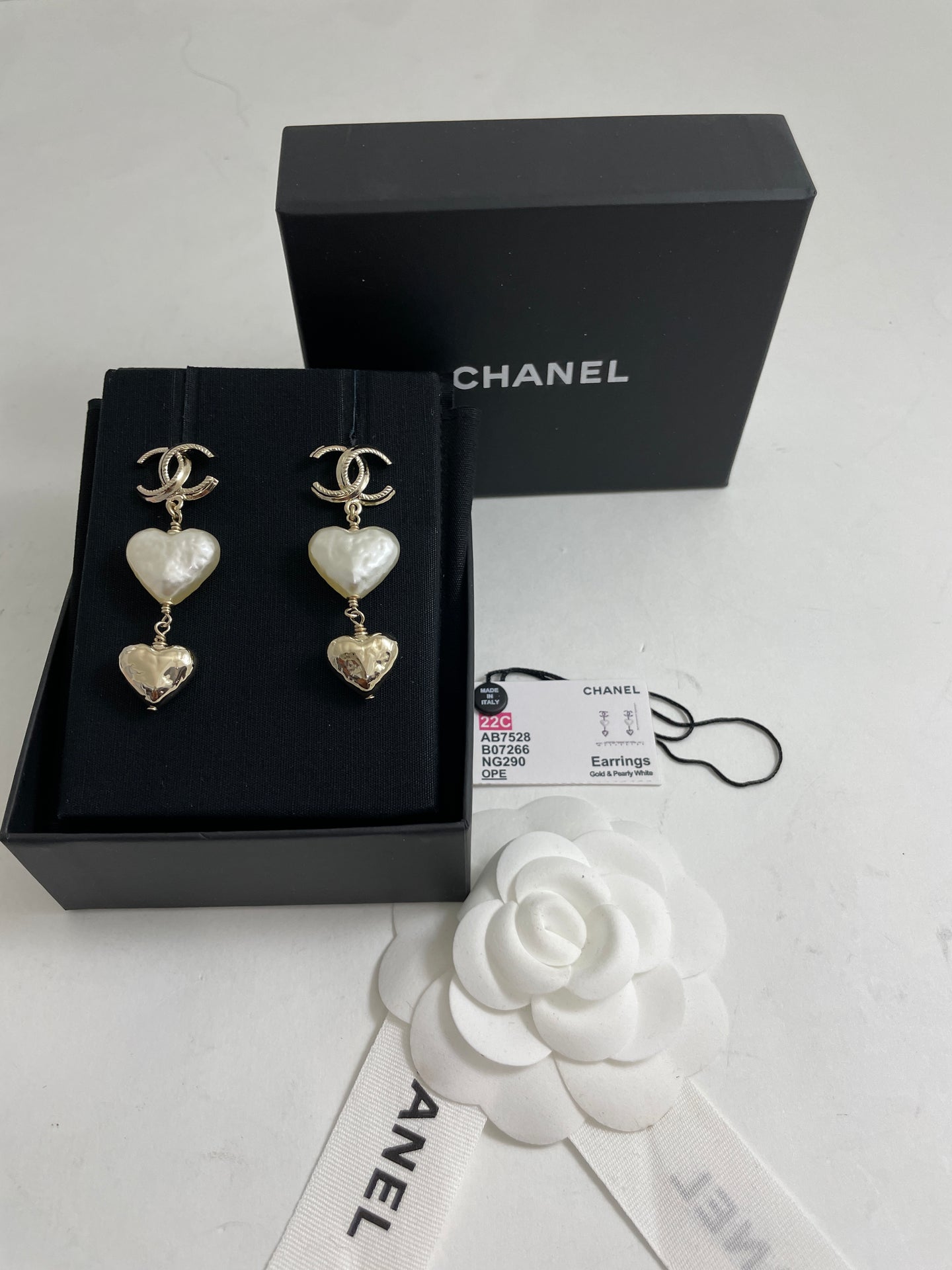 Chanel Gold Tone CC Pearl Heart Gold Heart Tiered Drop Earrings