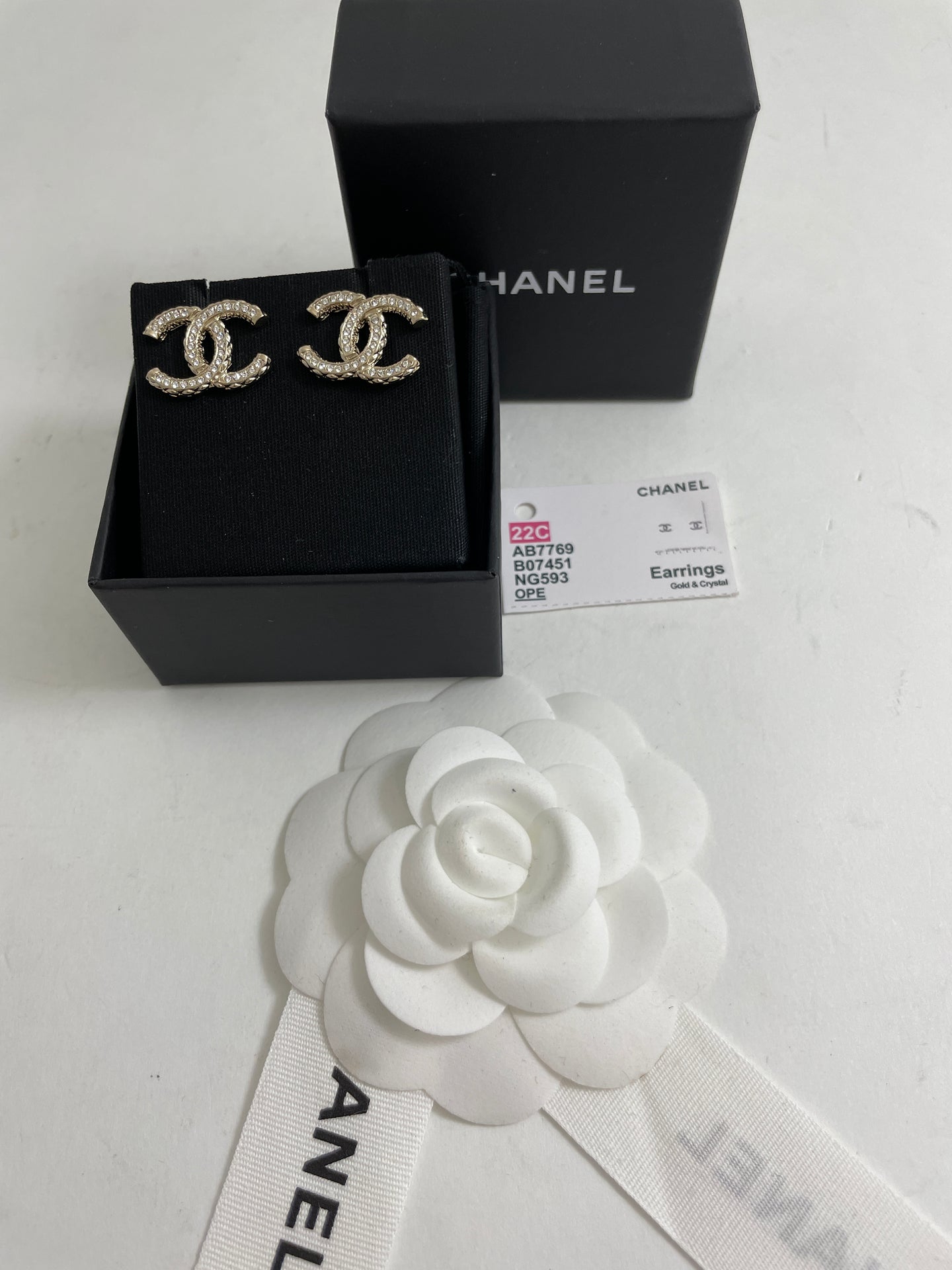 Chanel Gold Tone CC Crystal Inlay Earrings